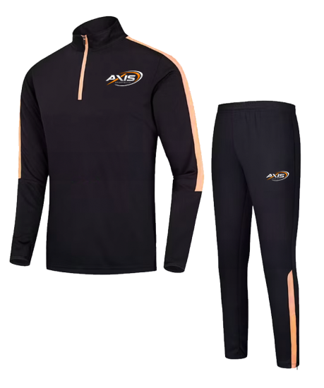 Custom tracksuit set manufactured by Axis Sportswear in navy and orange for a fitness brand